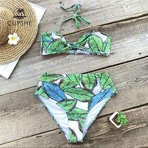 Cupshe Green and Blue Leaf Print High Waist Bikini